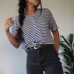 Vintage • Striped Short Sleeve Henley Style Top
